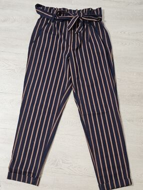 Zara Striped Navy & Tan Paperbag Waist Women’s Pants